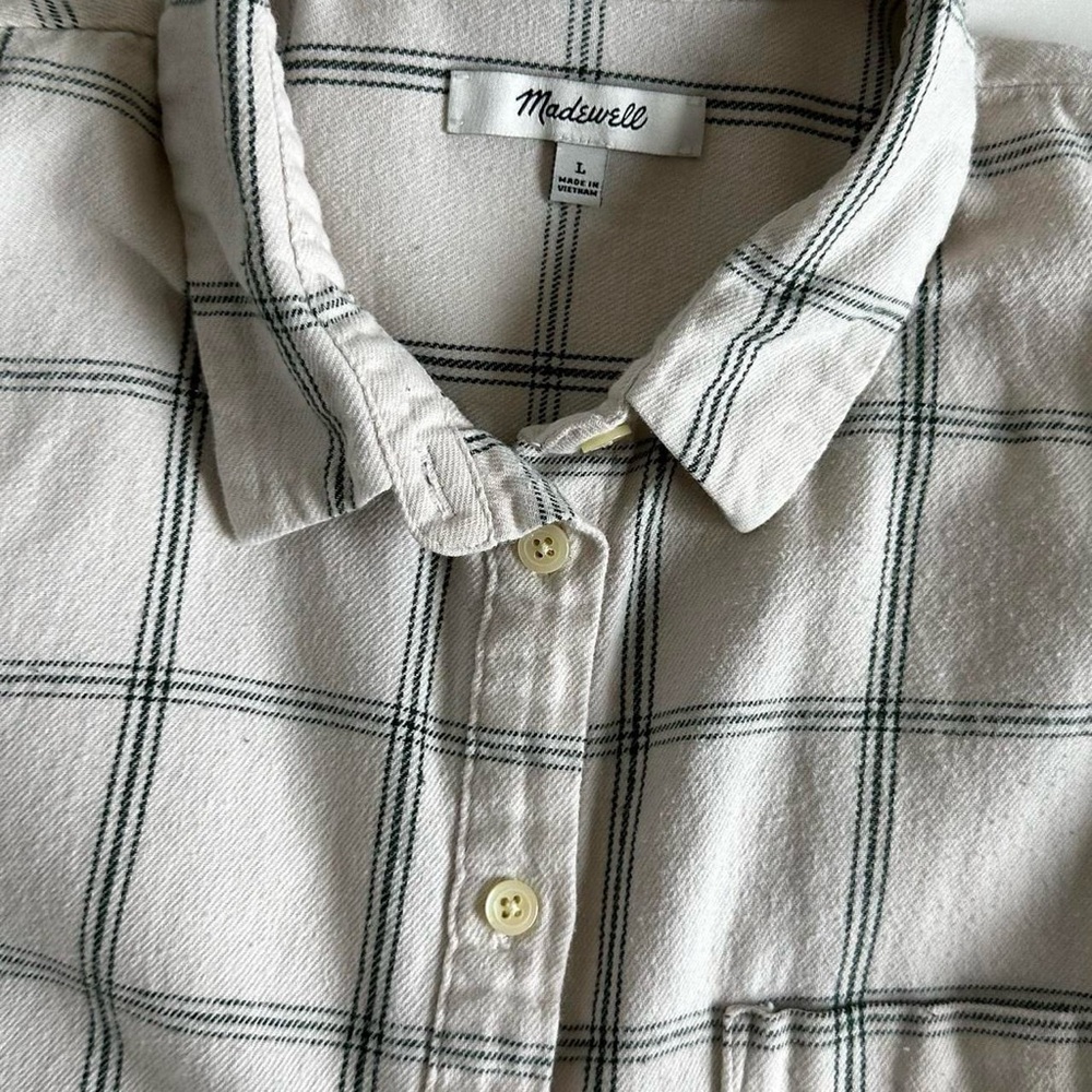 MADEWELL COTTON PLAID FLANNEL BUTTON UP SHIRT LONG SLEEVE in Cream/Green Size-L - Picture 3 of 8